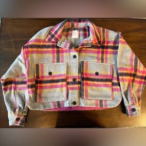 SO Plaid Cropped Oversized Button-Up Shacket